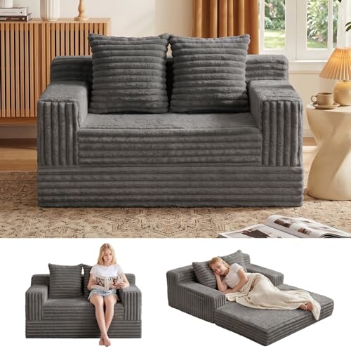 Erament Boneless Loveseat Convertible Sofa Bed, Folding Floor Futon Sleeper Sofa Couch Bed- Boneless Foldable Couch, Corduroy Pull Out Sofa Bed with 2 Pillows for Living Room & Bedroom - color: Grey, size: 54''(Lovesat Fur)