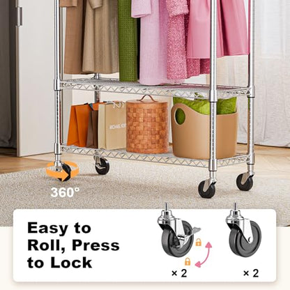 M MZG Heavy Duty Rolling Garment Rack 3 Tiers Adjustable Wire Shelving Clothes Rack with 1 Rods and Side Hooks,Storage Closet Clothing Rack with Wheels Chrome 15.7" D x 45.3" W x 75.6" H - color: Chrome, size: 3 Tier and 1 Rod 15.7"D x 45.3"W x 75.6"H