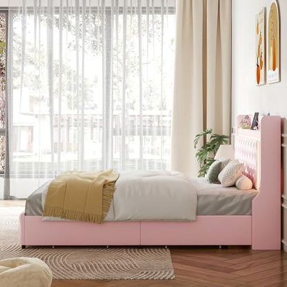 Full Bed Frame with LED Lights & Charging Station, Upholstered Bed Frame Full Size with Storage Headboard & 2 Drawers, Diamond Tufted, Curved Wingback, PU Leather, No Box Spring Needed, Pink - color: Pink, size: Full