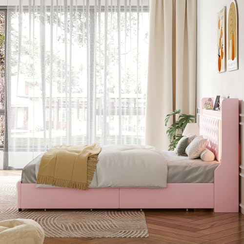 Queen Bed Frame with LED Lights & Charging Station, Upholstered Bed Frame Queen Size with Storage Headboard & 2 Drawers, Diamond Tufted, Curved Wingback, PU Leather, No Box Spring Needed, Pink - color: Pink, size: Queen