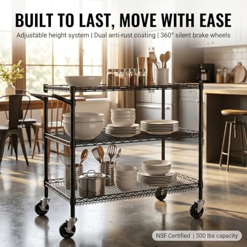 Finnhomy 3 Tier Heavy Duty Commercial Grade Utility Cart, Wire Rolling Cart with Handle Bar, Steel Service Cart with Wheels, Kitchen Carts on Wheels, Metal Cart Shelf Size 18" D x 36" W, NSF, Black - size: 36"L x 18"W x 35.4"H-3 Tier, style: Black Cart