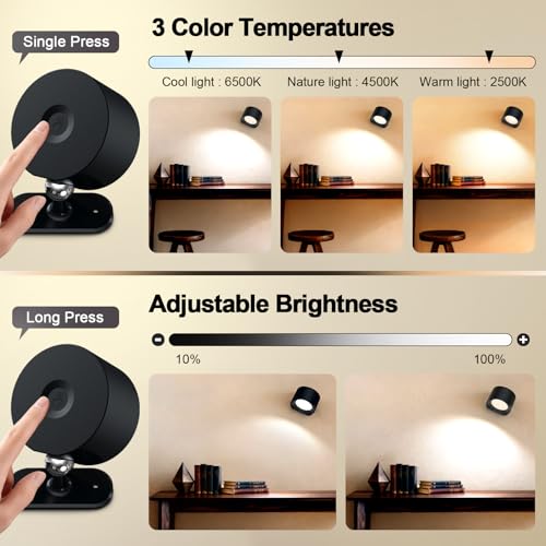 LED Wall Mounted Lights, Rechargeable Battery Operated Wall Sconces Lamp 3 Colors Temps & Remote and Touch, 360°Rotation Dimmable Wall Lights for Study Bedroom Reading Bedside (1 Pack) - style: 1 Pack