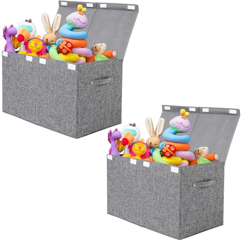2 Pack Large Toy Box Storage with Lid, Collapsible Sturdy Toy Chest Storage | Toy Chest with Rivets Handles for Kids, Boys, Girls, Nursery, Playroom, Living Room, Bedroom, 25"x 13" x 16" (Linen Gray) - color: 2 Pack Large Grey
