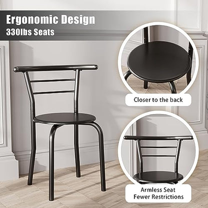 JUMMICO 3-Piece Wooden Round Table & Chair Set | Kitchen Breakfast Nook Wood Grain Tabletop with Metal Frame and Built-in Wine Rack for Kitchen, Dining Room (Black) - color: Black