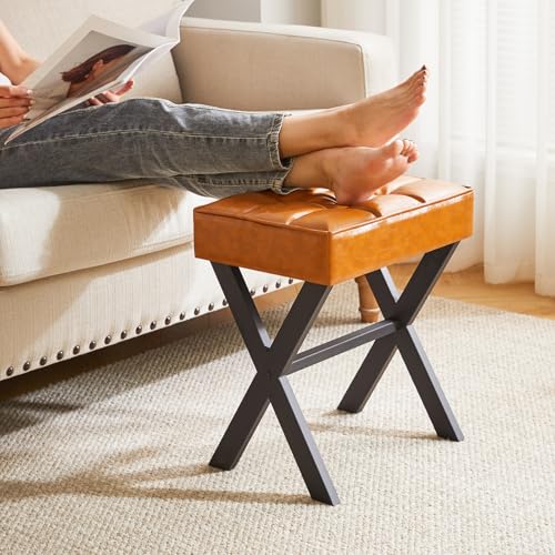 IBUYKE Square Makeup Stool with X-Leg, PU Vanity Chair, Light Brown LG-71J | Footrest Ottoman Seat Multi-Use Small Side Table Bedroom Living Room - color: Light Brown, size: 17.72"-Leather