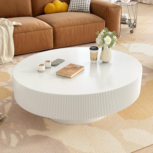 31.5" Round Wood Coffee Table for Living Room Mid Century Modern Fluted Center Table for Living Room, Apartment, Home Office, White - color: White, size: 31.5"D x 31.5"W x 13.78"H