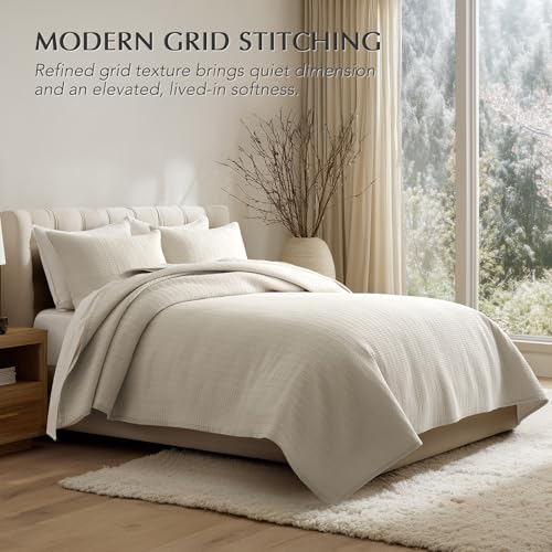 100% Cotton Modern Grid Stitch Quilt Set, Queen Size, Birch | Pre-Washed Cotton Coverlet Bedspread, Oversized Lightweight 3-Piece Bedding Set for All Season, with 2 Pillow Shams - color: Birch, size: Full/Queen (96" X 94")