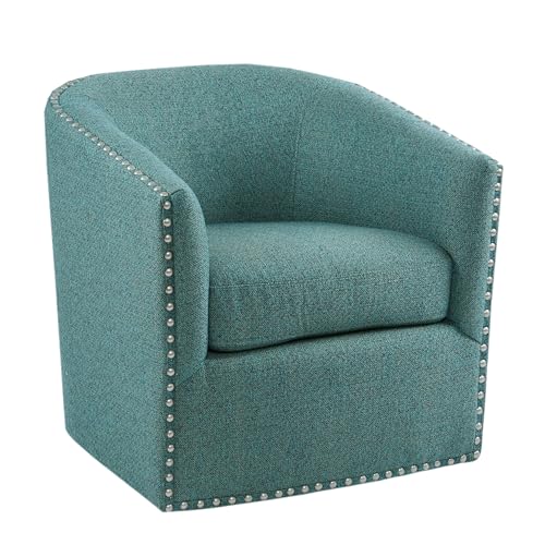 Madison Park Swivel Barrel Accent Chair, Upholstered Curved Back with 7-Inch Thick Woven Cushion, 360° Swivel, Nailhead Trim, Comfy Chair for Living Room, Bedroom, Office, 28" Wide, Teal, Tyler - color: Teal
