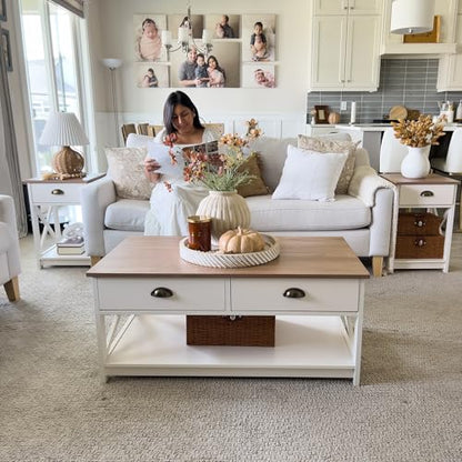 PHI VILLA White Coffee Table with Drawers,2 Tiers Living Room Coffee Table | Storage Shelf Rustic Rectangle Coffee Table with Drawers, Farmhouse Wood Coffee Table, Modern Style - color: Ivory 3