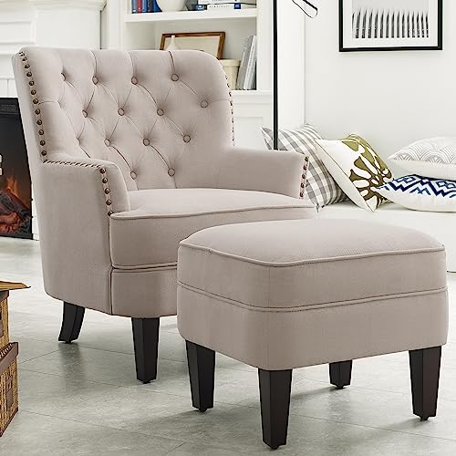 Rosevara Ember Accent Chairs,Mid Century Modern Armchair for Living Room with Ottoman Comfy Seat,Tub Sofa for Bedroom Reading Room, Pearl Beige Velvet - color: Pearl Beige Velvet