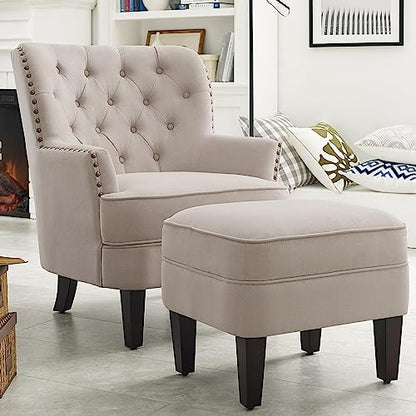 Rosevara Ember Accent Chairs,Mid Century Modern Armchair for Living Room with Ottoman Comfy Seat,Tub Sofa for Bedroom Reading Room, Pearl Beige Velvet - color: Pearl Beige Velvet