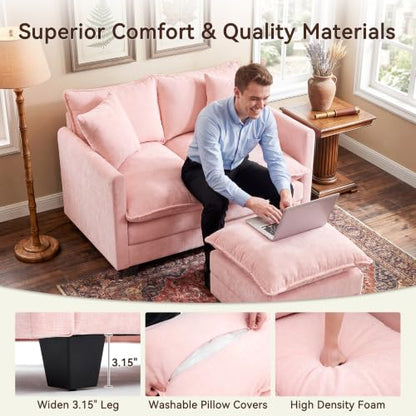 50" Love Seat with Ottoman, Small L Shape Cloud Sofa Couch, 2-Layer Cushion & 27" Deep Seat, 2 Pillows for Small Spaces, Bedroom, Apartment, Office, Living Room, Pink - color: Pink, size: Loveseat with Ottoman
