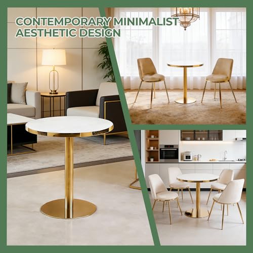 31.5" Round Dining Table, Glossy Sintered Stone Circle Tulip Table with Gold Pedestal, Modern Dining Room Table for Kitchen, Cafe, Living Room (White with Gold) - color: White With Gold