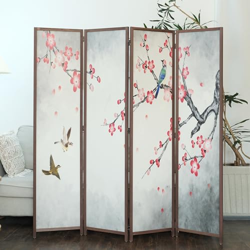 4 Panel Room Divider for Room Separation, 5.6 ft Tall Double Sided Blackout Folding Privacy Screen for Home Office - Freestanding Partition with Magnolia and Plums Scenery (67" H x 63" W) - color: Magnolia and Plums, size: 4 Panel