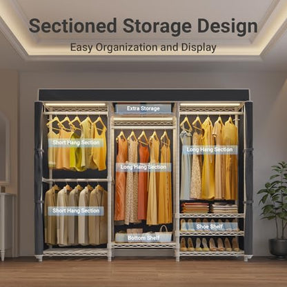 VIPEK V5LC Garment Rack Heavy Duty Covered with Dimmable LED Light, 3000K Warm White, Portable Closet Wardrobe Freestanding for Hanging Clothes, with Black Cover - color: White Rack With Black Cover, style: V5LC