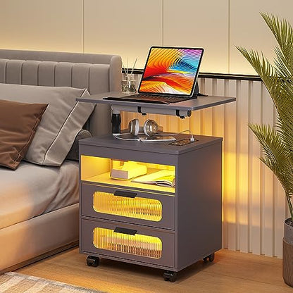 HNEBC LED Nightstand Set of 2 with Charging Station & Adjustable Overbed Desk, 3 Color LED Lights & Body Sensor, Mobile Bedside Table with Wheels, 2 Drawers & Open Shelf for Bedroom(Grey) - color: 9603-2-grey