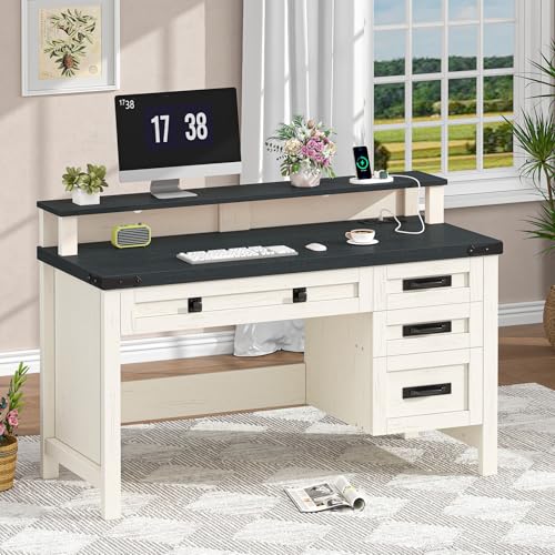 47" Farmhouse Computer Desk with Drawers & Outlets for Home Office, Bedroom | Executive Desk with Power Outlets, Home Office Desk with Monitor Stand, Small Desk Writing Study Table, Black and White - color: Black and White