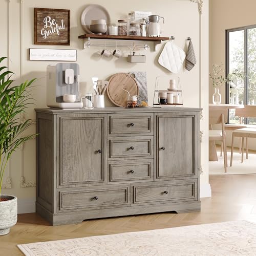 GarveeHome 47" Farmhouse Sideboard Buffet Cabinet, Sideboard Storage credenza with 5 Drawers and 2 Doors, Wood Coffee Bar Cabinet, Buffet Table for Dining Room Living Room, Grey - color: Grey