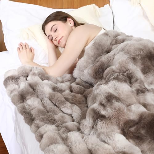 Faux Rabbit Fur Throw Blanket for Couch Gifts for Mom 50"x60" Tie-dye Brown | Cozy Reversible Fluffy Throw, Luxury Plush Thick Bubble Blanket, Mothers Gifts for Women, Soft Warm for Bed, Home Decor - color: Tie-dye Brown, size: Throw50"x60"