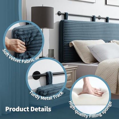 Queen Headboard Only, Wall Mounted Hanging Upholstered Bed Head Board | Modern Vertical Channel Design of Fine Flannel, Elegant Blue Fluted Headboard for Bedroom (Lake Blue, Queen Size) - color: Flannel/Lake Blue, size: Queen