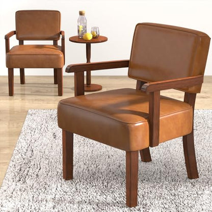 Accent Chairs Set of 2, 2 Solid Wood Armchairs with Side Table | Faux Leather Chair with Soft Thicken Cushion, Comfy Reading Chair for Bedroom, Waiting Room, Home Office, Easy Assembly - color: Faux Leather Brown, size: Set of 2 with table