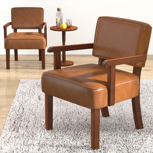 Accent Chairs Set of 2, 2 Solid Wood Armchairs with Side Table | Faux Leather Chair with Soft Thicken Cushion, Comfy Reading Chair for Bedroom, Waiting Room, Home Office, Easy Assembly - color: Faux Leather Brown, size: Set of 2 with table