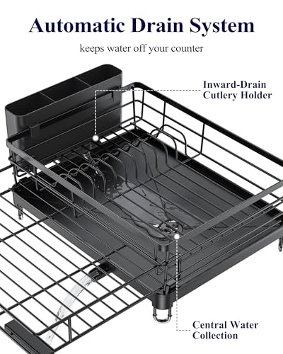 Kitsure Adjustable Dish Drying Rack, 15.6''-25.2''L × 16.9''W, Black | Large Dish Drying Rack, Rust-Resistant Dish Racks for Kitchen Counter, With Adjustable Support Legs, Cutlery Holder - color: Black