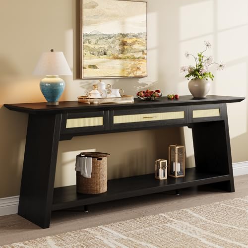 iPormis 70.9 Inches Rattan Entryway Table with Drawer, Narrow Long Console Table Behind Sofa, Modern Entry Accent Hallway Table for Living Room, Behind Couch, Entrance, Black - color: Black