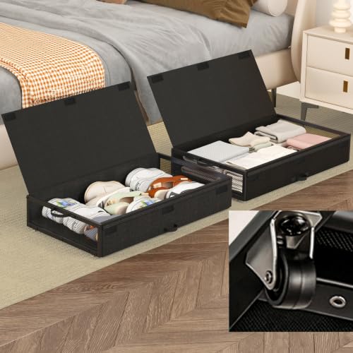 Fokyfok 2 Pack Under Bed Storage with Wheels 6 inch Height | Metal Frame,Lid,Rolling Slim Under Bed Drawers for Shoes,Clothes,Shallow Underbed Storage,Under Couch Storage,Black - color: Black, size: 2PC (31"Lx17"Wx6"H)