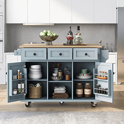 53'' Rolling Kitchen Island with Storage, Large Kitchen Cart On Wheels with Drop Leaf & Power Outlet & Drawers, Mobile Kitchen Table with 3 Drawers, for Dining Room (Grey Blue) - color: Grey Blue