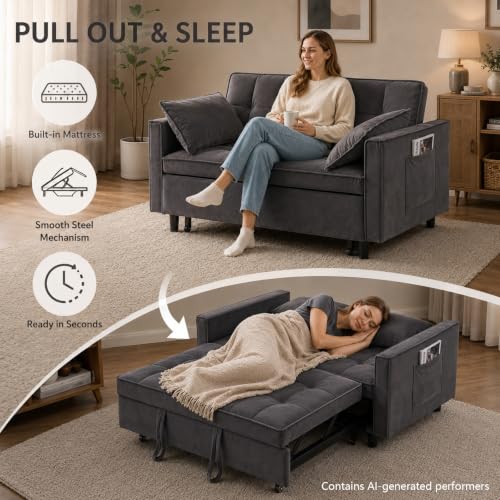 3 In 1 Velvet Convertible Sofa Bed, Pull Out Couch Bed with Reclining Backrest And 2 Pillows, 54" Full Size Loveseat Sleeper Sofa Futon Couch Bed, Couches For Small Spaces, Living Room (Grey) - color: Grey