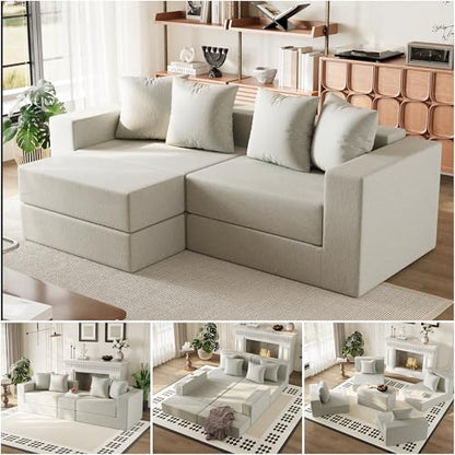 Modular Boneless Loveseat, L-Shape Cloud-Like Sectional Couch with High-Density Memory Foam, Convertible Comfy Couch for Living Room Apartment Small Space - No Assembly Required, White - color: White