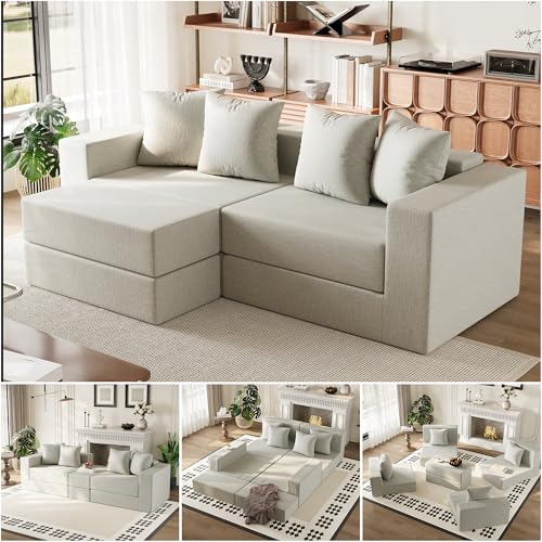 Modular Boneless Loveseat, L-Shape Cloud-Like Sectional Couch with High-Density Memory Foam, Convertible Comfy Couch for Living Room Apartment Small Space - No Assembly Required, White - color: White
