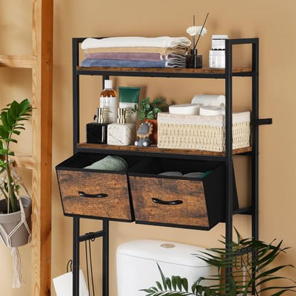 YBING Over The Toilet Bathroom Storage Cabinet for Freestanding, Above Toilet Shelf with Fabric Drawer, Tall Bathroom Shelf Organizer with Toilet Paper Holder, Brown - color: Brown