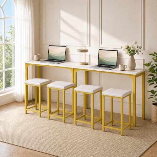 COSTWAY Dining Table Set, Counter Height Table & 2 Upholstered Stools | White & Gold, PU Leather Seats, Metal Frame, Modern, Space-Saving for Small Space Dorm & Kitchen Island - color: White & Gold