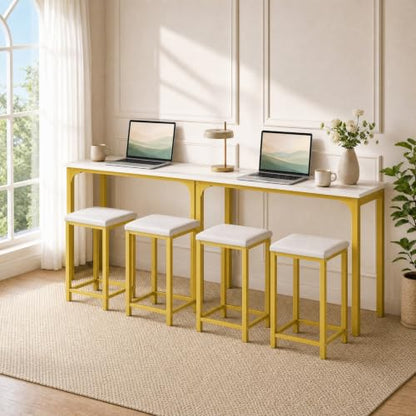 COSTWAY Dining Table Set, Counter Height Table & 2 Upholstered Stools | White & Gold, PU Leather Seats, Metal Frame, Modern, Space-Saving for Small Space Dorm & Kitchen Island - color: White & Gold