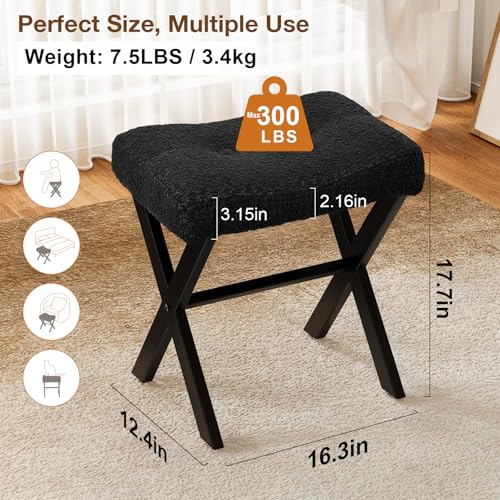 18-Inch Vanity Stool Chair, Black Makeup Stool | Teddy Flannel Vanity Bench, Metal X-Leg, 300 LBS, 16.3"x12.4"x18", Ottoman Accent Stool, Breathable Soft Saddle Seat - size: Small, style: Black Fabric