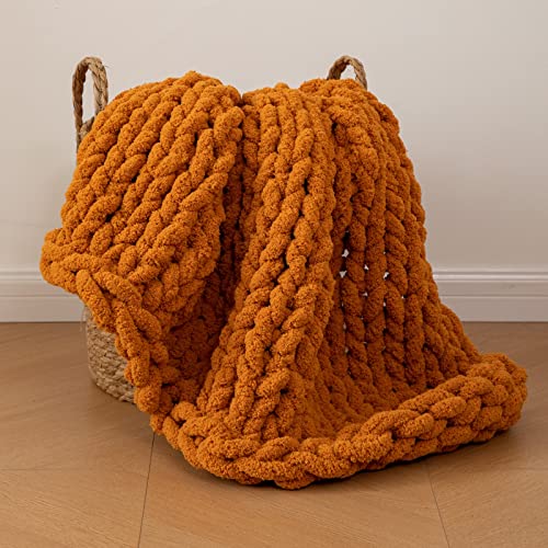 WESHIONGOO Chunky Knit Blanket Throw for Couch Bed 40"×40" Burnt Orange | 100% Handmade Knitted Throw blankets Fall Throw Blanket Fluffy Soft Blanket With Jumbo Chenille Yarn Thick - color: Burnt Orange, size: 40"x40"(Small Size Throw)