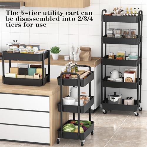Sywhitta 5-Tier Plastic Rolling Utility Cart with Wheels,Black | Multi-Functional Storage Trolley, for Office, Living Room, Kitchen, Bathroom,Movable Organizer,Space-Saving,Easy to assemble - color: Black, size: 5-tier
