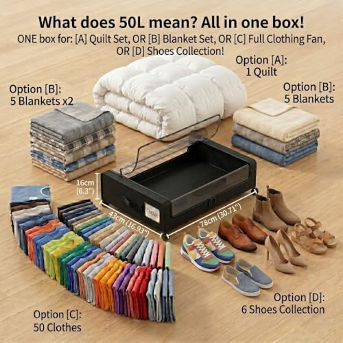 Under Bed Storage with Wheels, 2Pack 50L Organizer with Clear Lid & Label | Underbed Shoe Storage Organizer, Rolling Under Bed Metal Drawers for Clothes&Blankets, Large Capacity, Dust-proof, Foldable