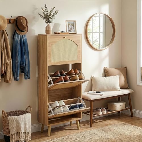Karl home Natural Wood Rattan Shoe Cabinet, Entryway Storage Organizer | Hidden Shoe Rack with 3 Tilt-Out Compartments for Heels, Slippers and Casual Shoes, Space Saving Entryway Furniture - color: Natural Wood Finish, size: 3-Tilt-Out