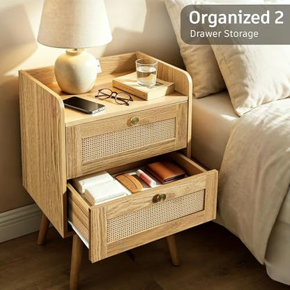Rattan Nightstands Set of 2, Boho Bedside Table with 2 Drawers | Rattan Nightstand with Charging Station, Open Storage End Tables for Bedroom, Small Spaces and Dorm, Solid Wood Legs, Natural - color: Natural Wood