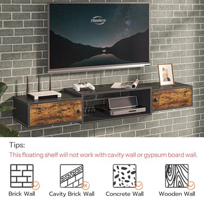 HOOBRO 55" Floating TV Stand with Power Outlet, Modern Wall Mounted Media Console Shelf Cabinet for Under TV Storage, Entertainment Center, Living Room, Bedroom, Rustic Brown and Black BF11DS01 - color: Rustic Brown + Black
