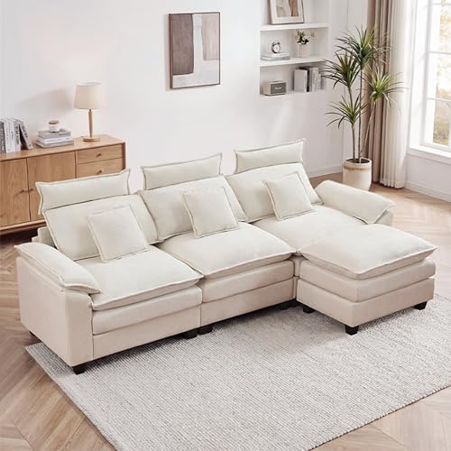 103'' Modular L Shaped Sofa, Cloud Deep Seat Sofa Couch with Ottoman, Detachable Headrest, 3 Seater Sectional Sofas for Living Room, Apartment, Studio, Beige - color: Beige, size: L Shaped Couch