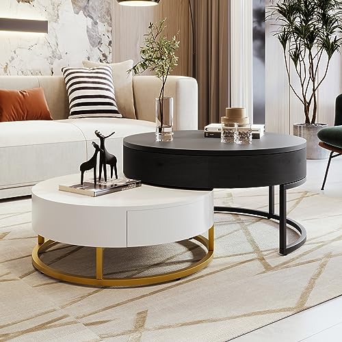 Modern Round Lift-top Nesting Coffee Tables with 2 Drawers for Living Room White & Black - color: White+black