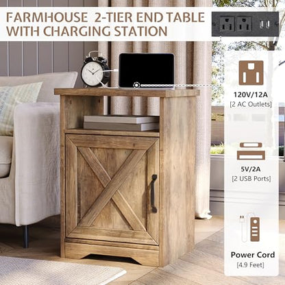 3 Piece Living Room Table Set with Barn Door, Barnwood | Includes Coffee Table and 2 End Tables, Charging Station &USB Ports, Rustic Farmhouse Style, Living Room Furniture Set - color: Barnwood