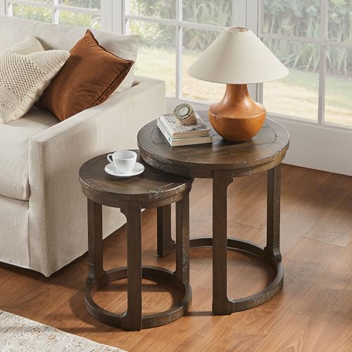 24" Round Nesting Coffee Table Set of 2, Solid Wood Coffee Tables Mid Century Rustic Farmhouse Side End Tea Table for Living Room, Apartment (Drak Brown) - color: 24" Dark Brown