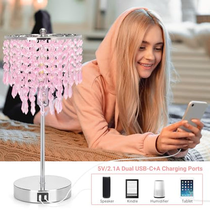 Touch Bedside Lamp with USB C+A Ports, Silver with Pink Crystal Shade | 3-Way Dimmable Crystal Table Lamp, Nightstand Light for Girl Room, Desk Lamp for Bedroom Living Room, B11 LED Bulb Included - color: Pink