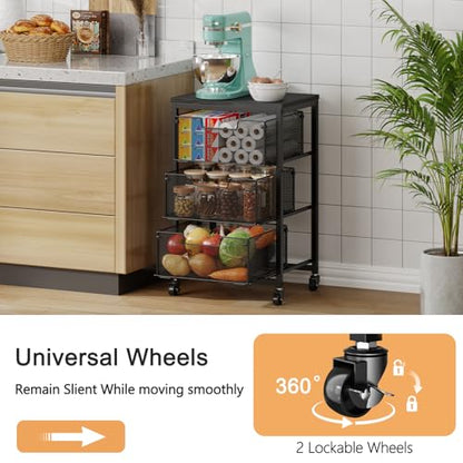 Pantry Organizer and Storage Cart, 3-Tier Kitchen Storage Cart with Drawer, Fruit Vegetable Storage Cart with Wheels, Wooden Top Metal Wire Kitchen Organizer Rack Stand for Food Snack Onion Potato - size: 3-Tier Black