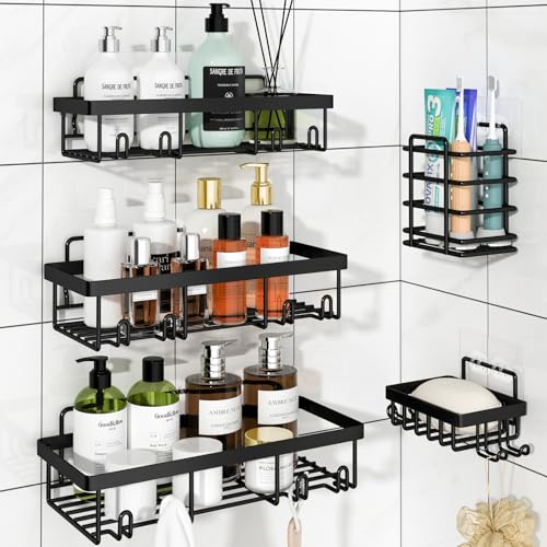 Liuoud 5 Pack Shower Caddy for Inside Shower, Black Bathroom Storage Decor | Large Rustproof Stainless Steel Organizer with Strong Adhesive, No Drilling Wall Mounted Shelves, Bathroom Accessory Set - color: Black, size: Large